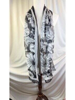 BRIGHTON Floral Silk Scarf 20”x 67” Lightweight Black & White NWOT